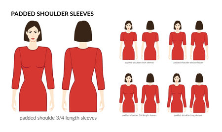 Set of Padded shoulder sleeves clothes - long, short, 3-4, elbow length technical fashion illustration with fitted body. Flat apparel template front, back sides. Women, men unisex CAD mockupのイラスト素材