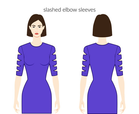 Slashed sleeves clothes character beautiful lady in blue top, shirt, dresstechnical fashion illustration with elbow length. Flat apparel template front, back sides. Women, men unisex CAD mockupのイラスト素材
