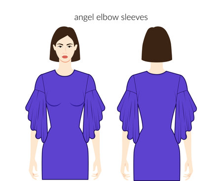 Angel sleeves Dalmation, flared elbow length clothes - ruffle dresses in women, tops, shirts technical fashion illustration, fitted body. Flat apparel template front, back. Women men unisex CAD mockupのイラスト素材