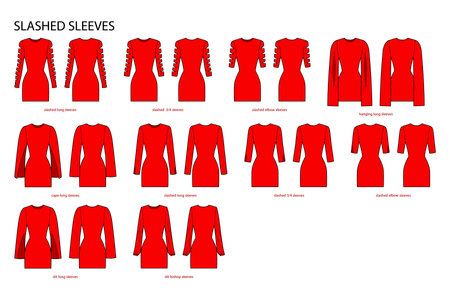 Set of Slashed sleeves clothes long, short, hanging, cape, slashed, slit technical fashion illustration with fitted body. Flat apparel template front, back sides. Women, men unisex CAD mockupのイラスト素材