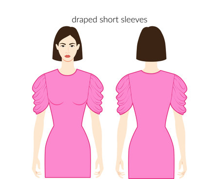 Draped sleeves short length clothes character beautiful lady in pink top, shirt, dress technical fashion illustration, fitted. Flat apparel template front, back sides. Women, men unisex CAD mockupのイラスト素材