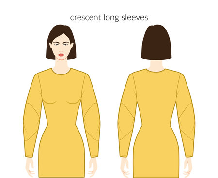 Croissant sleeves long length clothes character beautiful lady in yellow top, shirt, dress technical fashion illustration, fitted. Flat apparel template front, back sides. Women, men unisex CAD mockupのイラスト素材
