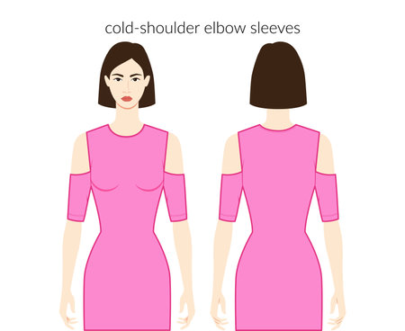 Cold-shoulder sleeves elbow length clothes character beautiful lady in pink top, shirt, dress technical fashion illustration. Flat apparel template front, back sides. Women, men unisex CAD mockupのイラスト素材