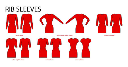 Set of Rib sleeves clothes knit long, short, 3-4, elbow length, folded, straight technical fashion illustration with fitted body. Flat apparel template front, back sides. Women, men unisex CAD mockupのイラスト素材