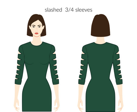 Slashed sleeves clothes character beautiful lady in emerald top, shirt, dress technical fashion illustration, 3-4 bracelet length. Flat apparel template front, back sides. Women, men unisex CAD mockupのイラスト素材