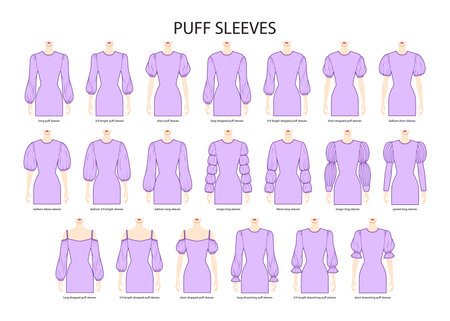 Set of Puff sleeves clothes dropped, baloon, virago, Marie, paned, drawstring technical fashion illustration with fitted body. Flat apparel template front sides. Women, men unisex CAD mockupのイラスト素材