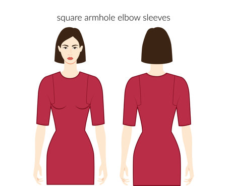 Square armhole clothes character beautiful lady in red top, shirt, dress technical fashion illustration with elbow length, fitted. Flat apparel template front, back sides. Women, men unisex CAD mockupのイラスト素材