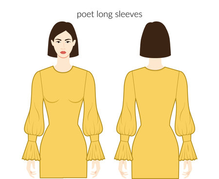 Poet sleeves long length clothes beautiful lady in ochre top, shirt, dress technical fashion illustration with fitted body. Flat apparel template front, back sides. Women, men unisex CAD mockupのイラスト素材