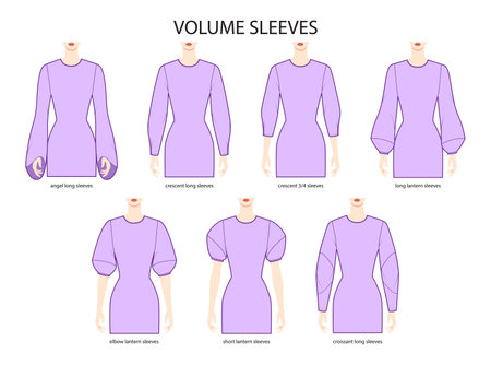 Set of Volume sleeves clothes angel, crescent, croissant, lantern long, short technical fashion illustration with fitted body. Flat apparel template front side. Women, men unisex CAD mockupのイラスト素材