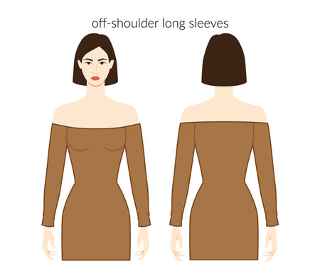 Off-shoulder sleeves long length clothes character beautiful lady in brown top, shirt, dress technical fashion illustration with fitted body. Flat apparel template front, back sides. Women, men unisexのイラスト素材