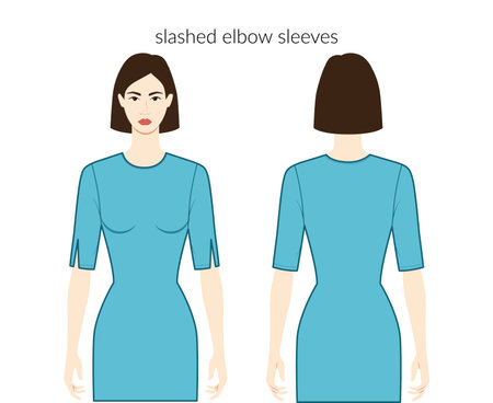Slashed sleeves clothes character beautiful lady in purple top, shirt, dress technical fashion illustration with elbow length. Flat apparel template front, back sides. Women, men unisex CAD mockupのイラスト素材