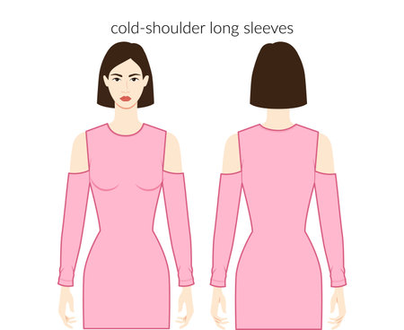 Cold-shoulder sleeves long length clothes character beautiful lady in pink top, shirt, dress technical fashion illustration with fitted body. Flat apparel template front, back. Women men unisex CADのイラスト素材