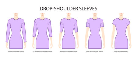 Set of Drop-shoulder sleeves clothes - long, short, 3-4, elbow length technical fashion illustration with fitted body. Flat apparel template front side. Women, men unisex CAD mockupのイラスト素材