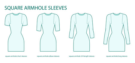 Set of Square armhole sleeves clothes - long, short, 3-4, elow length technical fashion illustration with fitted body. Flat apparel template front side. Women, men unisex CAD mockupのイラスト素材