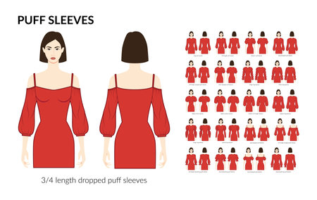 Set of Puff sleeves clothes dropped, baloon, virago, Marie, paned, drawstring technical fashion illustration with fitted body. Flat apparel template front, back sides. Women, men unisex CAD mockupのイラスト素材