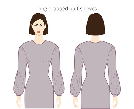 Dropped puff sleeves long length clothes character lady in grey top, shirt, dress technical fashion illustration with fitted body. Flat apparel template front, back sides. Women, men unisex CAD mockupのイラスト素材