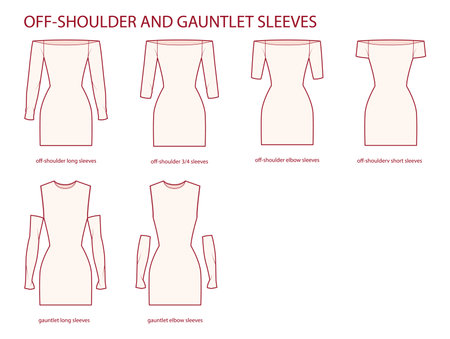 Set of Off-shoulder and gauntlet sleeves clothes long, short, elbow, 3-4 length technical fashion illustration with fitted body. Flat apparel template front side. Women, men unisex CAD mockupのイラスト素材