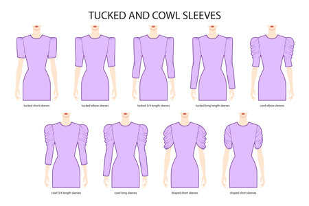 Set of Tucked and Cowl sleeves clothes - long, short, 3-4, elbow length, draped technical fashion illustration with fitted body. Flat apparel template front side. Women, men unisex CAD mockupのイラスト素材