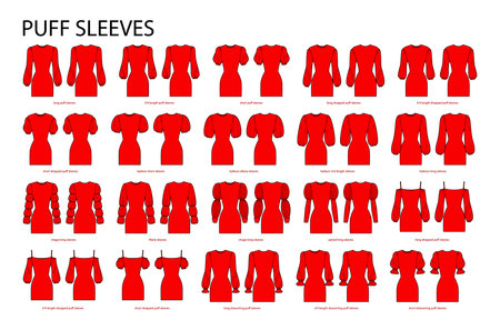 Set of Puff sleeves clothes dropped, baloon, virago, Marie, paned, drawstring technical fashion illustration with fitted body. Flat apparel template front, back sides. Women, men unisex CAD mockupのイラスト素材