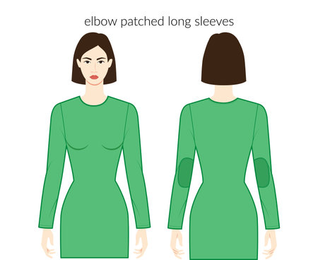 Elbow patched sleeves long length clothes character beautiful lady in green top, shirt, dress dresses, tops, shirts technical fashion illustration. Flat apparel template. Women, men unisex CAD mockupのイラスト素材