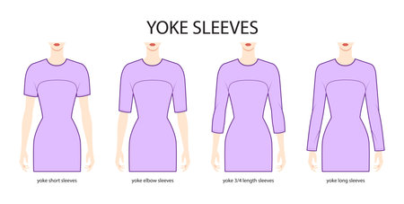 Set of Yoke sleeves clothes - long, short, 3-4, elow length technical fashion illustration with fitted body. Flat apparel template front side. Women, men unisex CAD mockupのイラスト素材