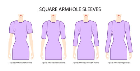 Set of Square armhole sleeves clothes - long, short, 3-4, elow length technical fashion illustration with fitted body. Flat apparel template front side. Women, men unisex CAD mockupのイラスト素材
