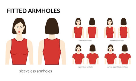 Set of Fitted armhole short length standard, sleeveless, curved raglan sleeves clothes technical fashion illustration with fitted body. Flat apparel template front, back side. Women, men unisex CADのイラスト素材