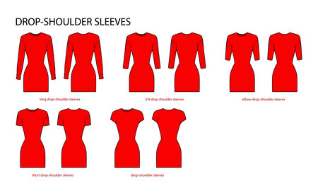 Set of Drop-shoulder sleeves clothes - long, short, 3-4, elbow length technical fashion illustration with fitted body. Flat apparel template front, back sides. Women, men unisex CAD mockupのイラスト素材