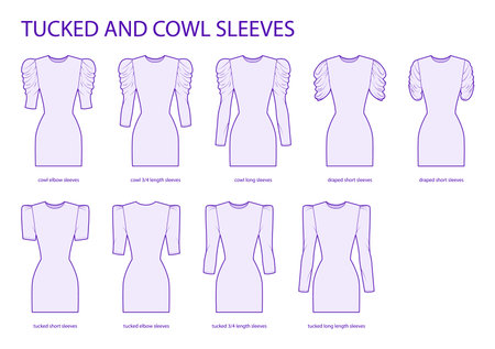 Set of Tucked and Cowl sleeves clothes - long, short, 3-4, elbow length, draped technical fashion illustration with fitted body. Flat apparel template front side. Women, men unisex CAD mockupのイラスト素材