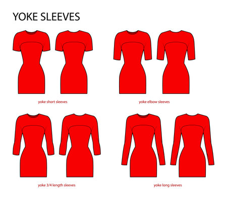 Set of Yoke sleeves clothes - long, short, 3-4, elow length technical fashion illustration with fitted body. Flat apparel template front, back sides. Women, men unisex CAD mockupのイラスト素材