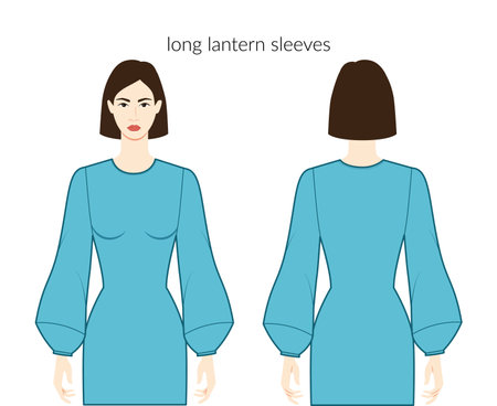 Lantern sleeves long length clothes character beautiful lady in blue top, shirt, dress technical fashion illustration, fitted body. Flat apparel template front, back sides. Women men unisex CAD mockupのイラスト素材