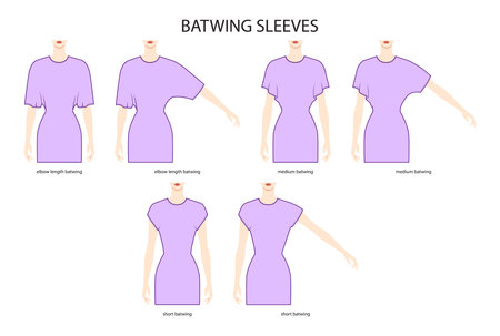 Set of Batwing sleeves clothes elbow, medium, short length technical fashion illustration with fitted body. Flat apparel template front side. Women, men unisex CAD mockupのイラスト素材