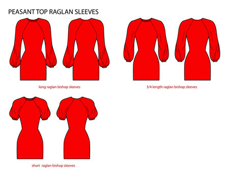 Set of Peasant top raglan sleeves bishop style long, 3-4 and short length clothes technical fashion illustration with fitted body. Flat apparel template front, back sides. Women, men unisex CAD mockupのイラスト素材