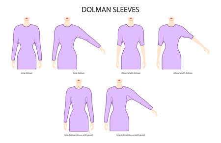 Set of Dolman sleeves Magyar clothes - long, elbow, with gusset length technical fashion illustration with fitted body. Flat apparel template front side. Women, men unisex CAD mockupのイラスト素材