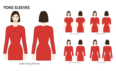 Set of Yoke sleeves clothes - long, short, 3-4, elbow length technical fashion illustration with fitted body. Flat apparel template front, back sides. Women, men unisex CAD mockupのイラスト素材