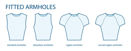 Set of Fitted armhole short length standard, sleeveless, curved raglan sleeves clothes technical fashion illustration with fitted body. Flat apparel template front side. Women, men unisex CAD mockupのイラスト素材