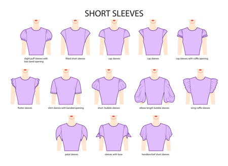 Set of Short sleeves clothes fitted, cap, puff, flutter, shirt, bubble, wing, petal technical fashion illustration, fitted body. Flat apparel template front side. Women, men unisex CAD mockupのイラスト素材