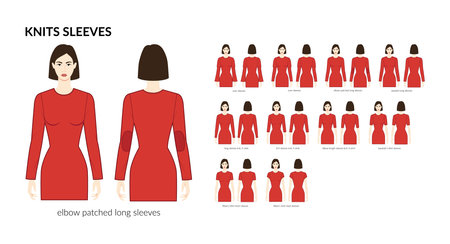 Set of Knit sleeves clothes baseball, fitted, long, over, epaulet, short length technical fashion illustration with fitted body. Flat apparel template front, back sides. Women, men unisex CAD mockupのイラスト素材