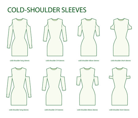 Set of Cold-shoulder sleeves clothes long, 3-4, elbow, short length technical fashion illustration with fitted body. Flat apparel template front side. Women, men unisex CAD mockupのイラスト素材