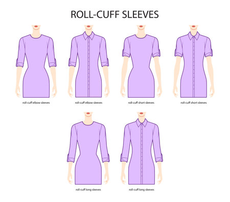 Set of roll-cuff sleeves elbow, short and long length men shirt with button clothes technical fashion illustration with fitted body. Flat apparel template front side. Women, men unisex CAD mockupのイラスト素材