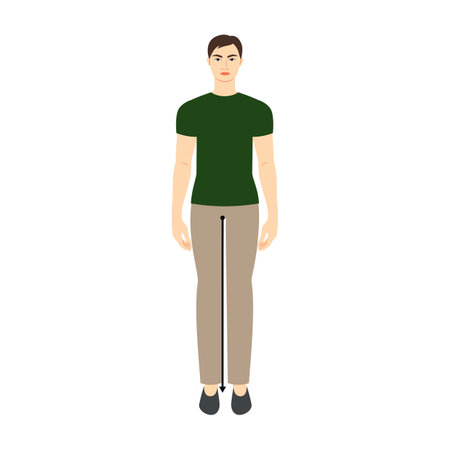 Men to do legs length measurement body with arrows fashion Illustration for size chart. Flat male character front 8 head size boy in green shirt. Human gentlemen infographic template for clothesのイラスト素材
