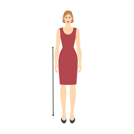 Women to do waist to floor measurement body with arrows fashion Illustration for size chart. Flat female character front 8 head size girl in burgundy dress. Human lady infographic template for clothesのイラスト素材