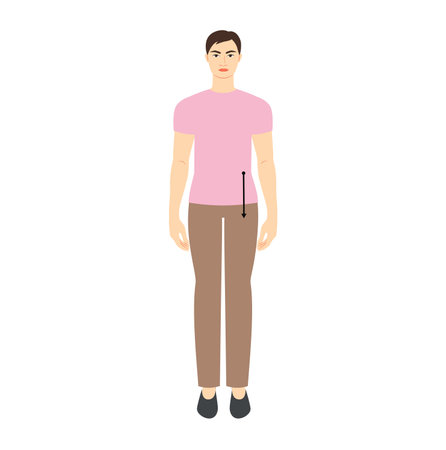 Men to do body rise measurement body with arrows fashion Illustration for size chart. Flat male character front 8 head size boy in pink shirt. Human gentlemen infographic template for clothesのイラスト素材