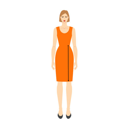 Women to do waist to knee measurement body with arrows fashion Illustration for size chart. Flat female character front 8 head size girl in orange dress. Human lady infographic template for clothesのイラスト素材