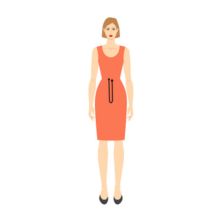 Women to do crotch depth measurement body with arrows fashion Illustration for size chart. Flat female character front 8 head size girl in red dress. Human lady infographic template for clothesのイラスト素材