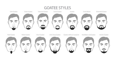 Set of Goatee Beard and mustache with name text style men face illustration Facial hair. Vector black grey portrait male Fashion template flat barber. Stylish hairstyle isolated outline on whiteのイラスト素材
