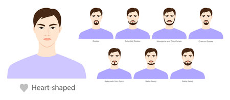 Set of Beard style for Heart shaped face shape and mustache men illustration Facial hair. Vector black purple portrait male Fashion template flat barber collection. Stylish hairstyle isolated outlineのイラスト素材