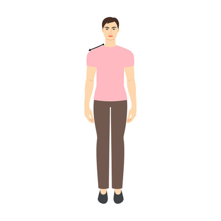 Men to do shoulder measurement body with arrows fashion Illustration for size chart. Flat male character front 8 head size boy in pink shirt. Human gentlemen infographic template for clothesのイラスト素材