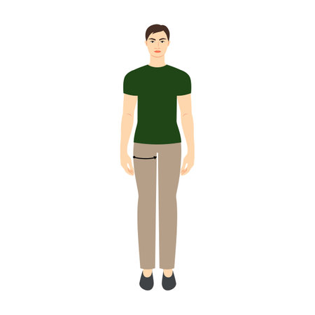Men to do max thigh measurement body with arrows fashion Illustration for size chart. Flat male character front 8 head size boy in green shirt. Human gentlemen infographic template for clothesのイラスト素材