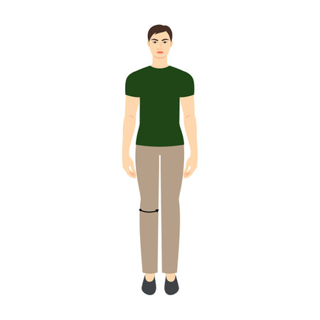 Men to do knee measurement body with arrows fashion Illustration for size chart. Flat male character front 8 head size boy in green shirt. Human gentlemen infographic template for clothesのイラスト素材